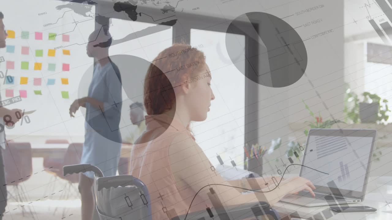 체어에 앉아 노트북을 사용하는 장애인 백인 여성에 대한 데이터 처리 애니메이션