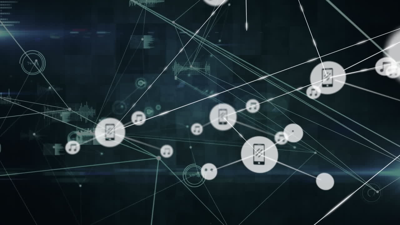 animación de una red de iconos digitales y procesamiento de datos contra puntos de luz sobre fondo azul.