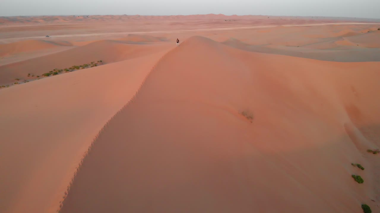 Aerial view from drone flying over people in Abu Dhabi desert, United Arab Emirates