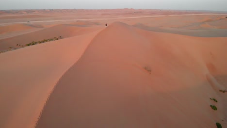 aerial view from drone flying over people in abu dhabi desert, united arab emirates