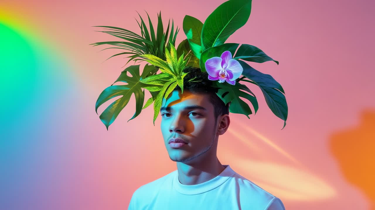 Vibrant Portrait of a Man with Botanical Headwear