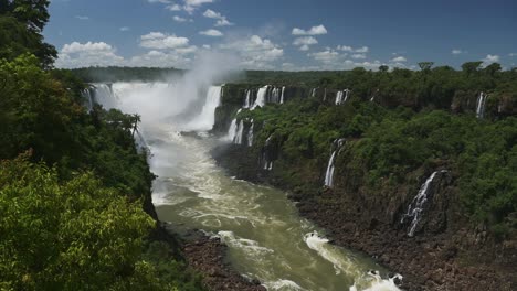 iguazu-wasserfall in brasilien, weitwinkelansicht auf wasserfälle tief im regenwald, hochwinkel-slow-motion-fluss, der durch schroffe felsen und hohe bäume im regenwaldtal in iguazu-wasserfällen fließt