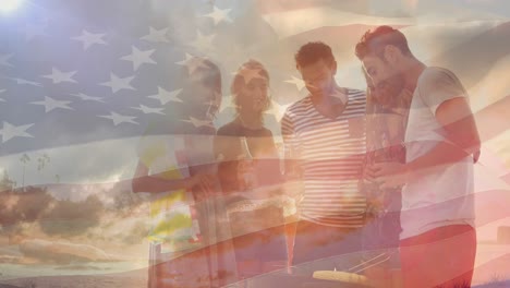 animation of flag of united states of america over friends having fun