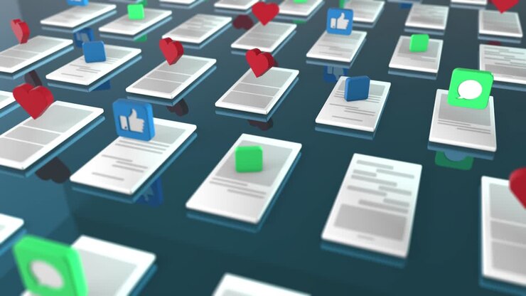 Rendering 3D dello sfondo con simboli come pollice in su, messaggio ricevuto, email ricevuta su telefoni cellulari. Il concetto di social network. Animazione ciclica. Colori blu scuro.