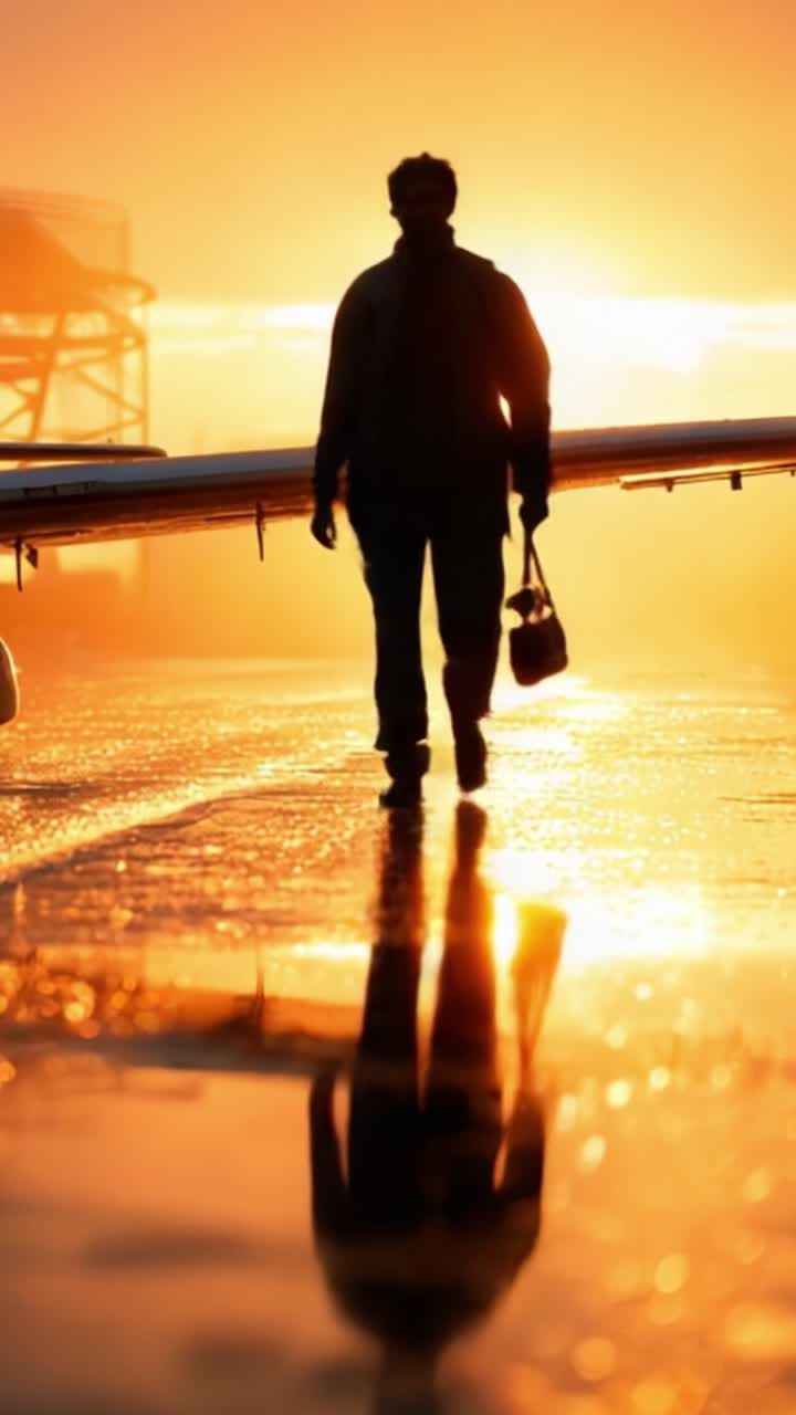 Silhouetted Figure Walking Away from Airplane at Sunset, Capturing the Beauty of Transitions in Life, Through Reflections and Golden Light