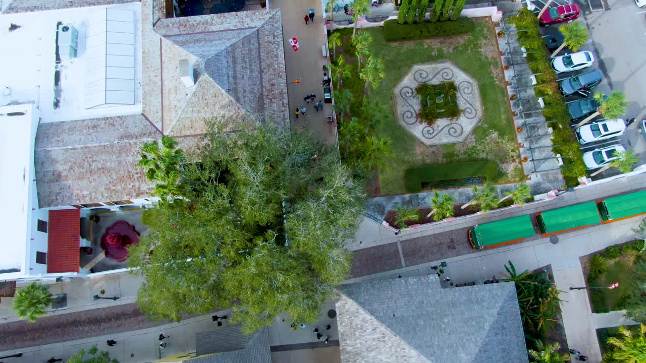 Top down aerial of street and houses in St. Augustine, Florida, forward motion