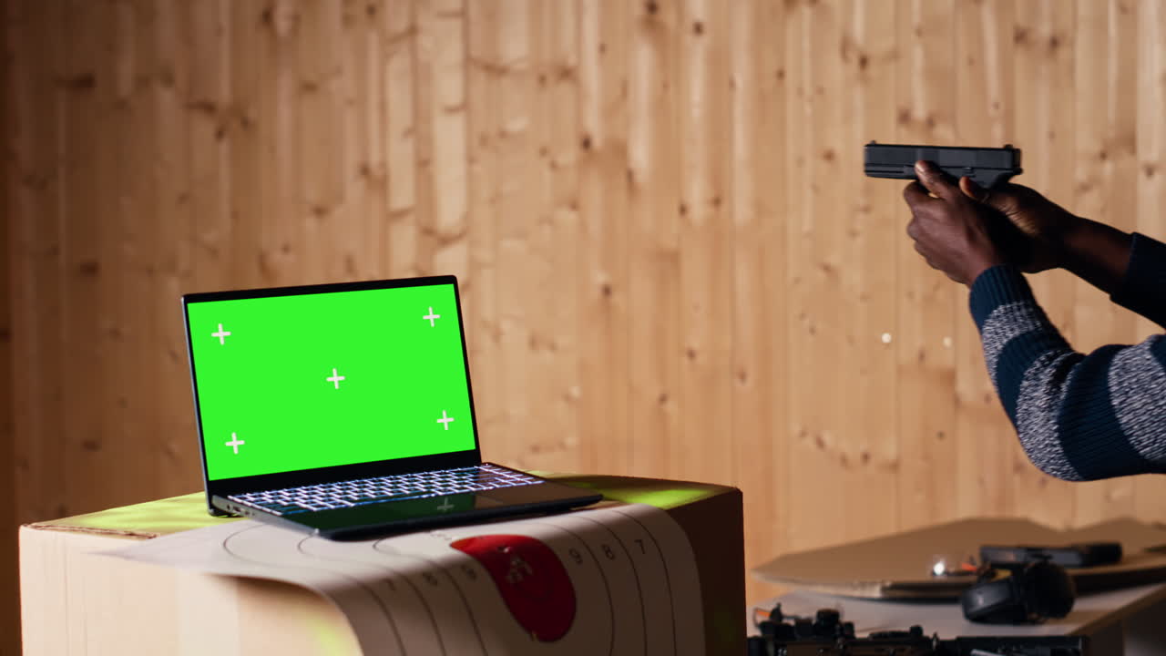 modelo de cuaderno y entrenamiento de personas con pistolas en el objetivo