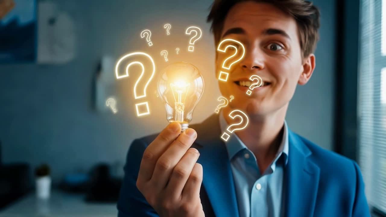Young Businessman Holding a Glowing Lightbulb Surrounded by Question Marks