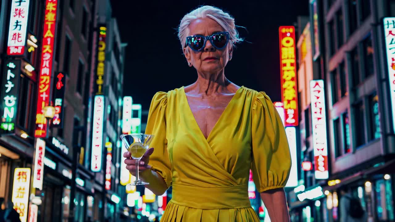 Fashionable senior woman wearing sunglasses and a yellow dress, holding a cocktail in Tokyo at night, illuminated by colorful neon signs creating a vibrant urban atmosphere