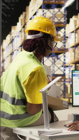 vertical video fulfillment center staff updating the package tracking software