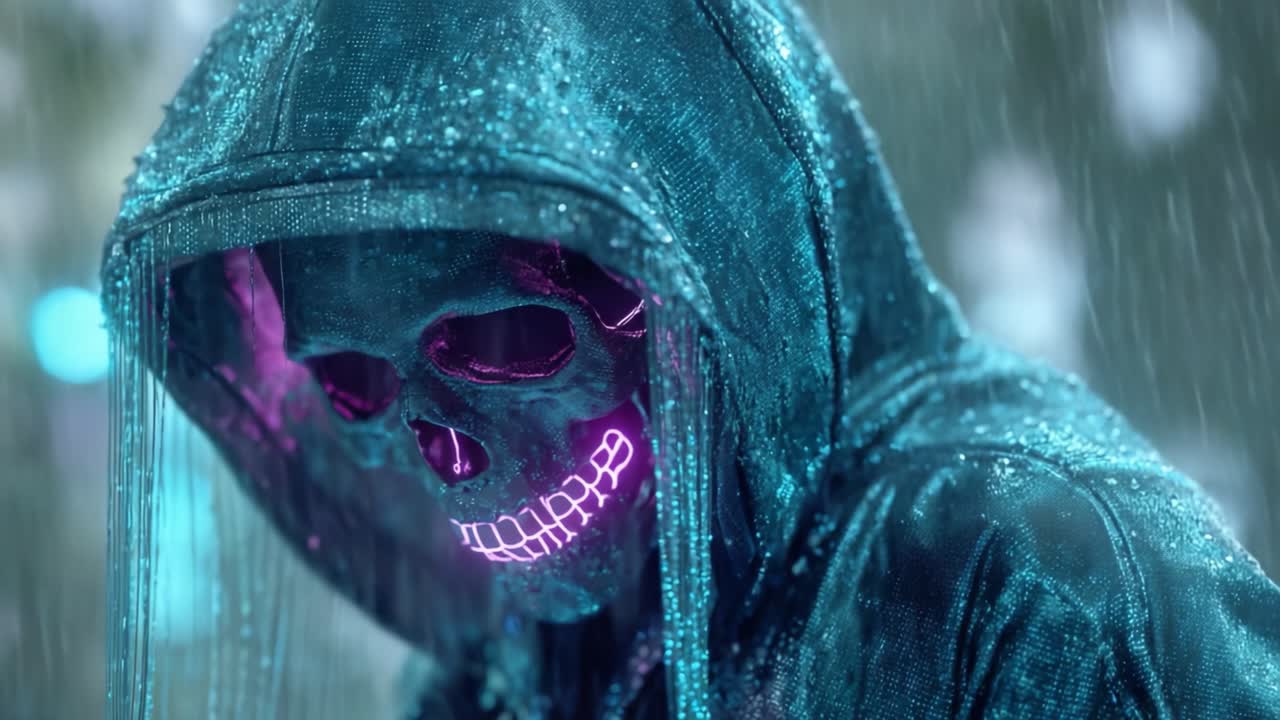 Une silhouette mystérieuse sous la pluie : masque de crâne illuminé de couleurs néon, dissimulé sous une capuche sombre, entouré d'une atmosphère onirique et de gouttelettes d'eau.