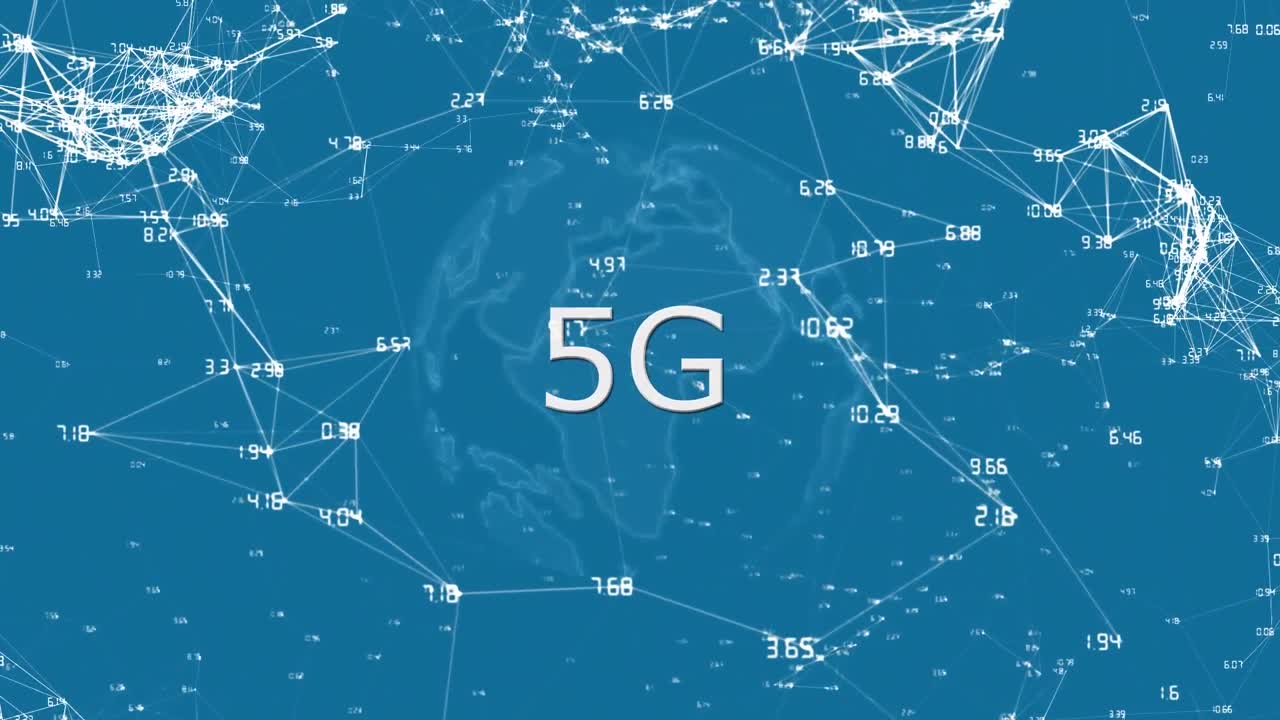 Animation of globe with 6g text over network of connections on blue background