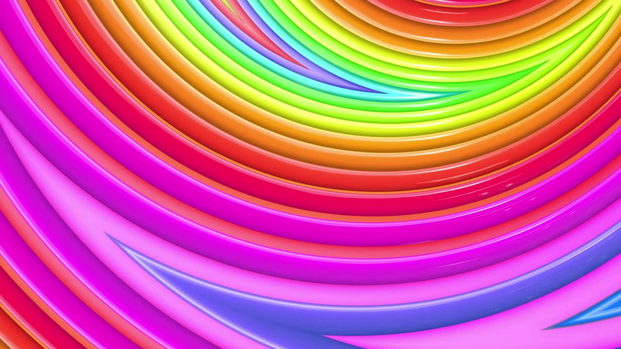 fondo brillante sin costuras en 3d abstracto en 4k con cintas de arco iris. rayas multicolores de arcoiris se mueven cíclicamente en geometría simple estilo creativo de dibujos animados. animación suave en bucle. 11