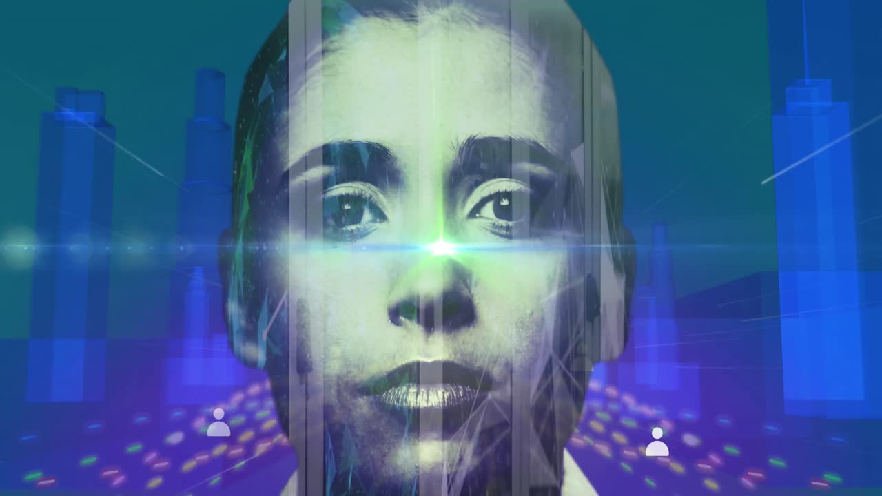 mujer sobre múltiples iconos de perfil moviéndose contra el modelo de ciudad 3d