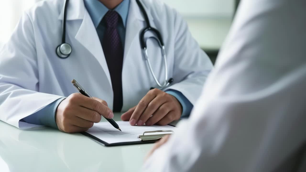 A close-up, eye-level shot of a doctor writing notes during a consultation, ideal for a medical