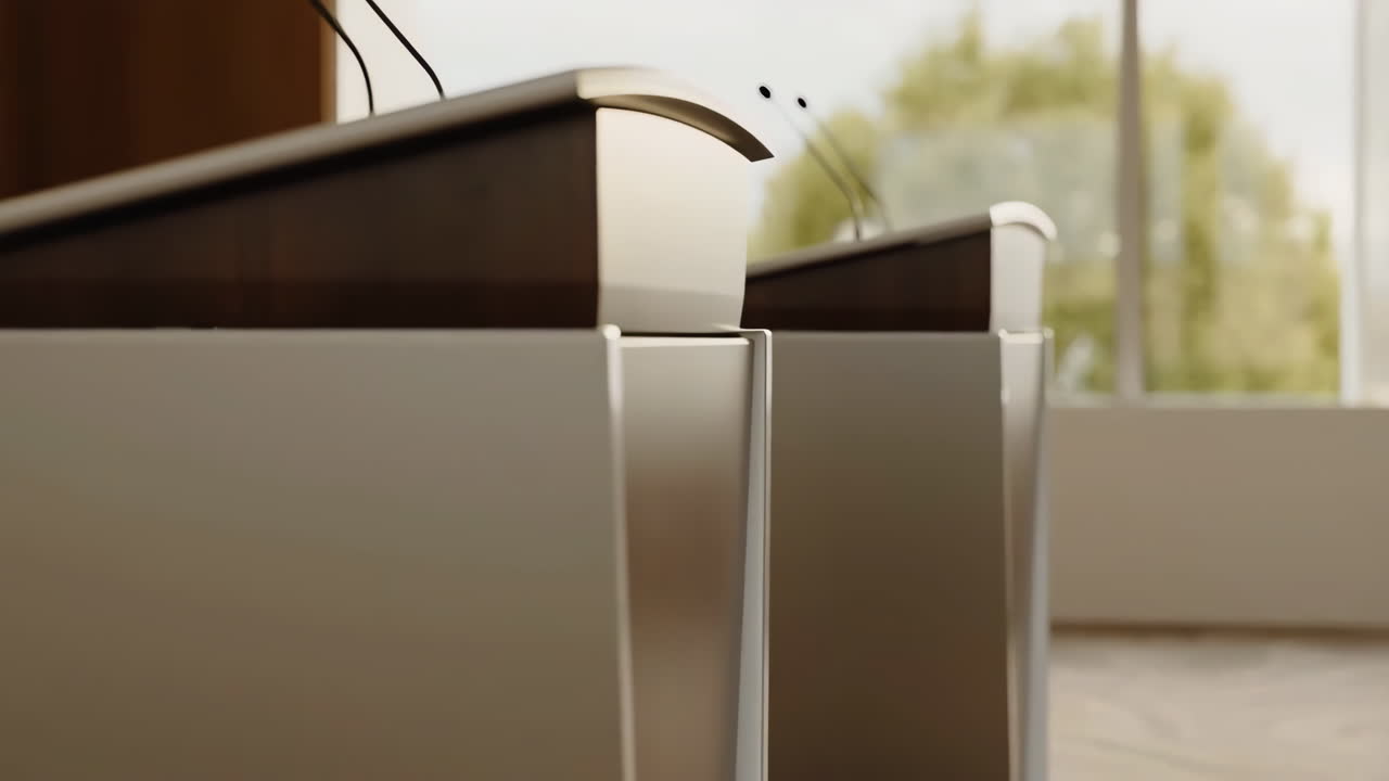 Empty Modern Podiums with Microphones in a Conference Room