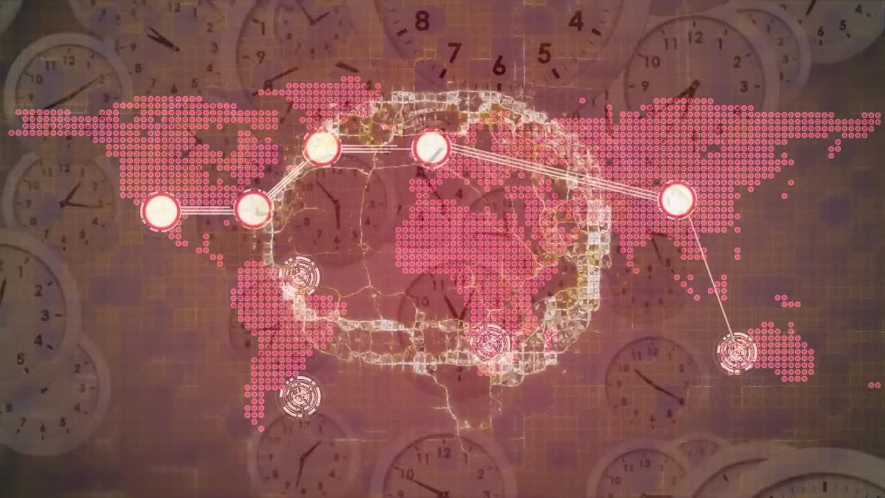 animación del cerebro digital, la red de conexiones y el mapa del mundo sobre relojes móviles