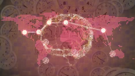 Animación-Del-Cerebro-Digital,-Red-De-Conexiones-Y-Mapa-Mundial-Sobre-Relojes-En-Movimiento