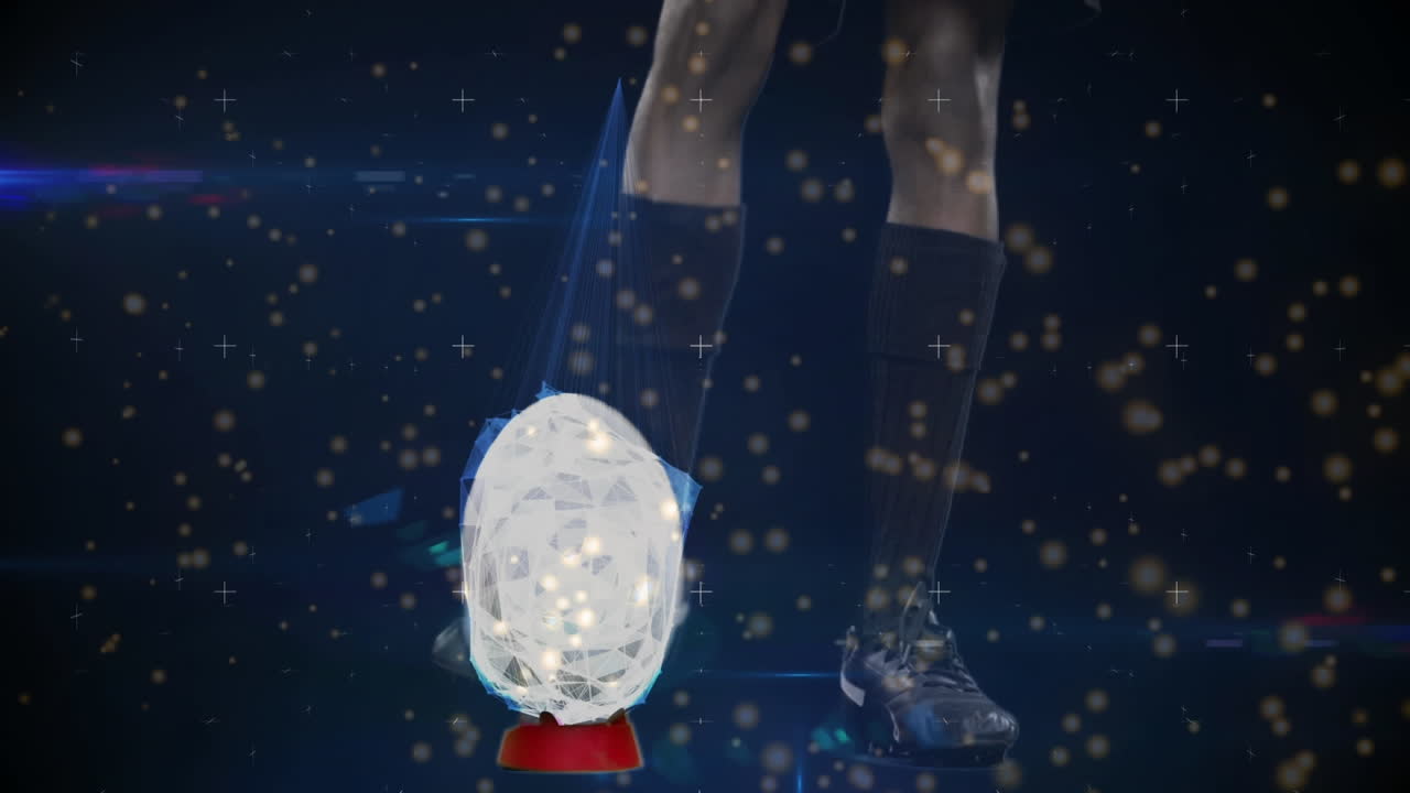 la animación digital muestra manchas de luz y formas azules en un jugador de rugby pateando una pelota.