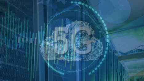 animation of 5g text over round scanner and cloud icon against computer server room