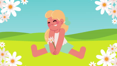 chica feliz con margaritas en un campo