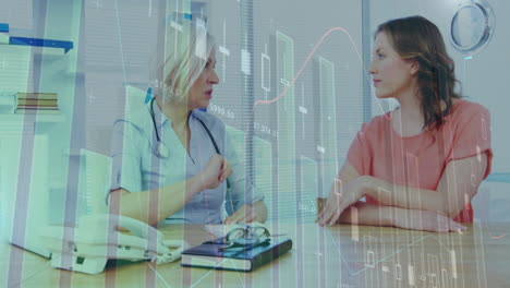 Physician writing notes while patient listening in medical consult with animated financial chart