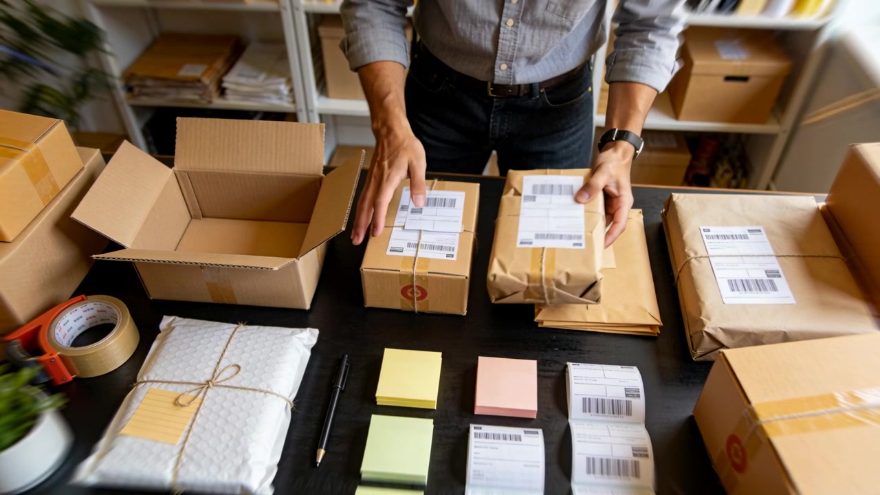 Placing label man in light shirt opening box lifting parcel arranging parcels at packing station