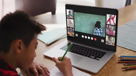 Schoolboy using laptop for online lesson at home, with diverse teacher and class on screen