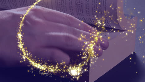 animation of glowing shooting star over person checking and reading book