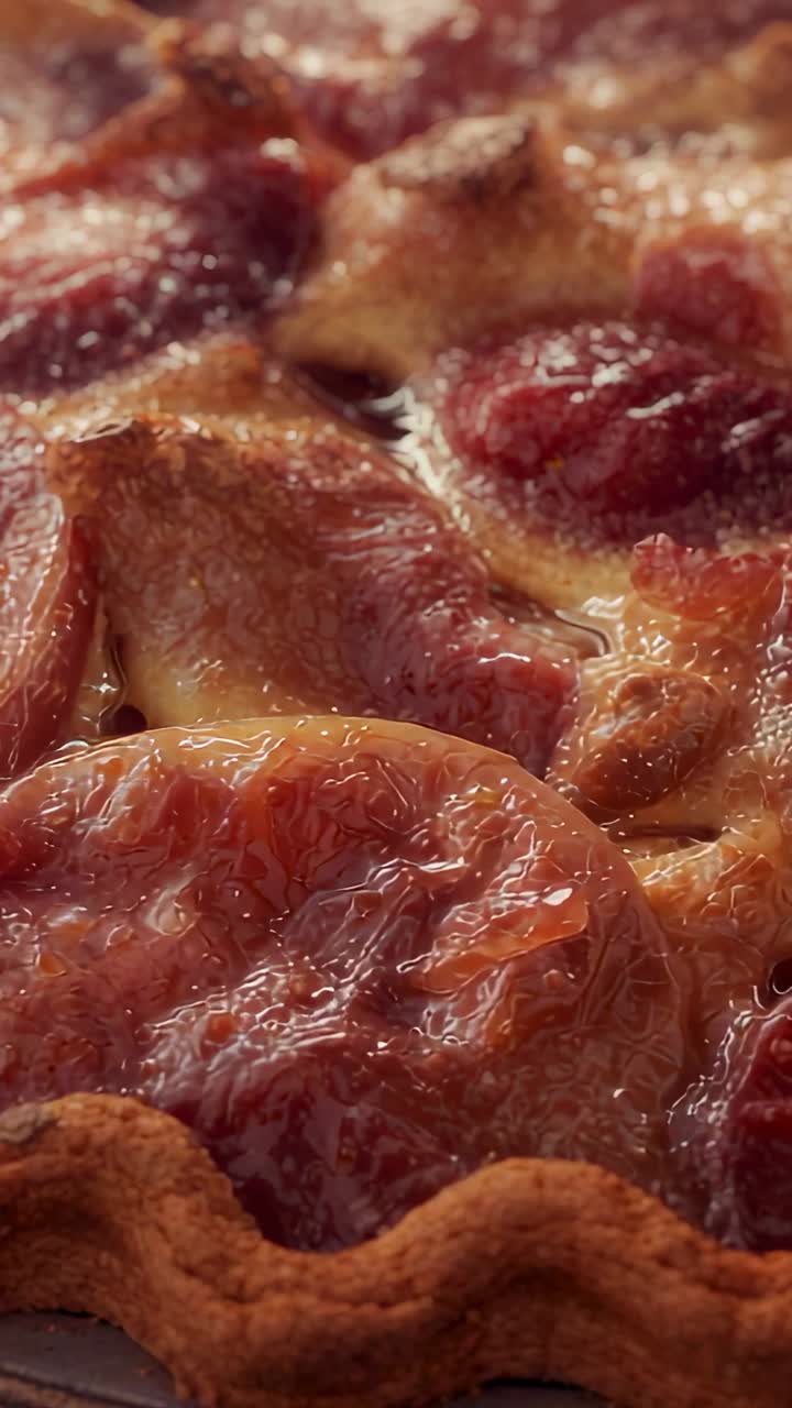 Vertical video: Opening camera shot panning over tart in kitchen revealing fig slices and crust