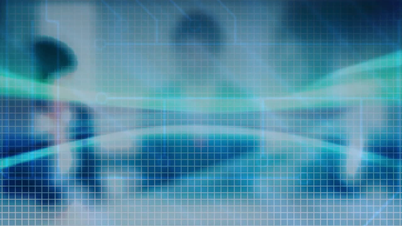 patrón de cuadrícula y animación de flujo de datos sobre personas de negocios en el entorno de la oficina