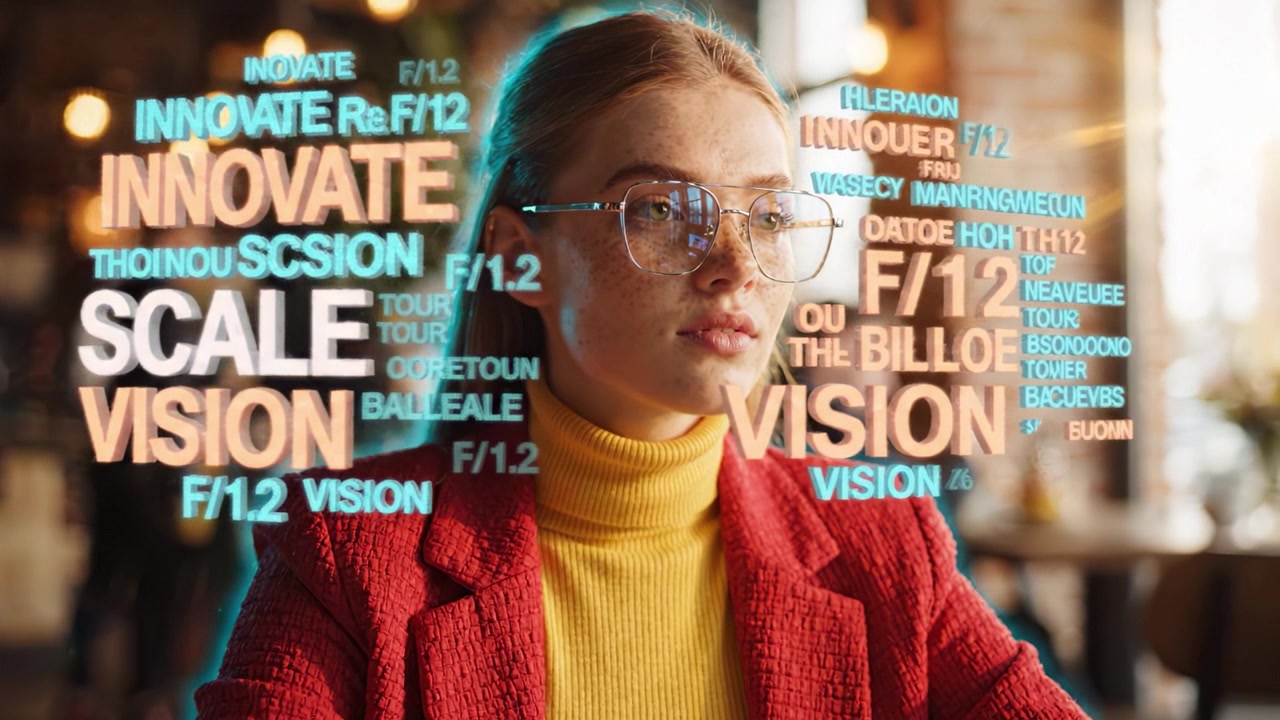 A young woman in a vibrant outfit sits thoughtfully at a café, surrounded by ambient lighting and digital text, contemplating her innovative vision and future.