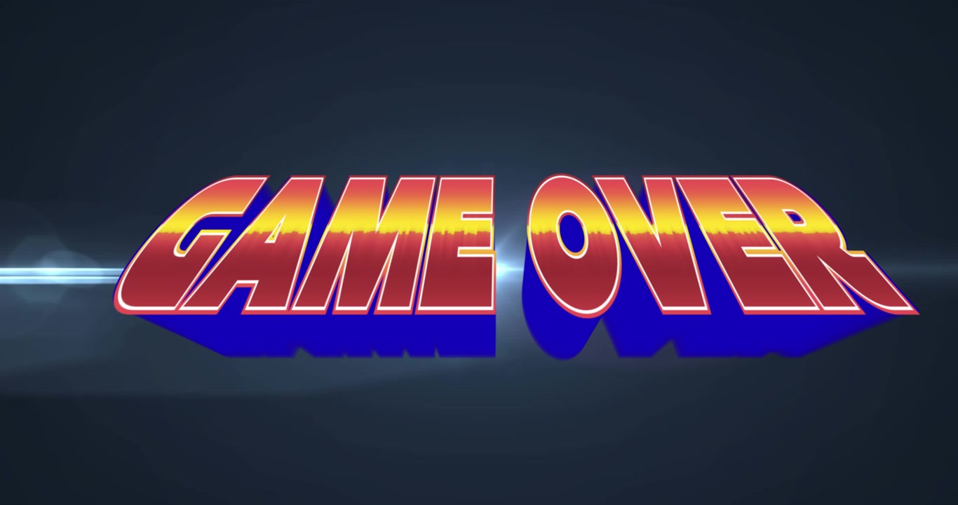 Banner di testo "Game Over" con effetto ombra su una scia luminosa su sfondo blu