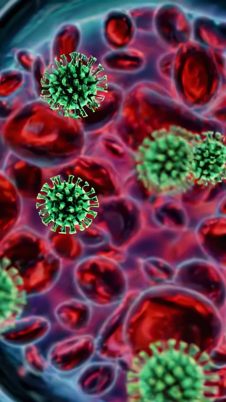 Fermo immagine ravvicinato di un video di globuli rossi e virus verdi, visto da un angolo dall'alto