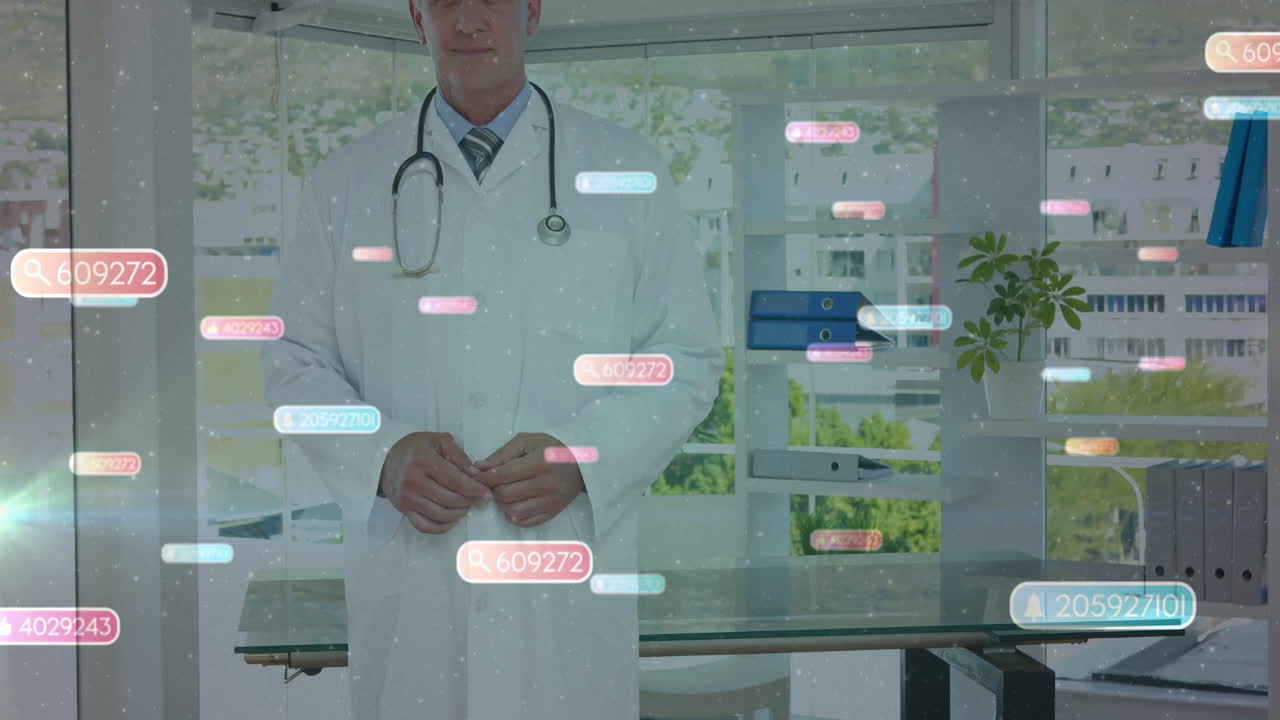 Animation of media icons over caucasian male doctor smiling