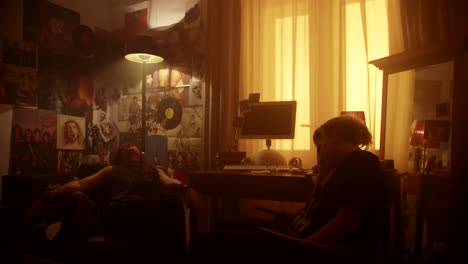friends in a cozy music room at night