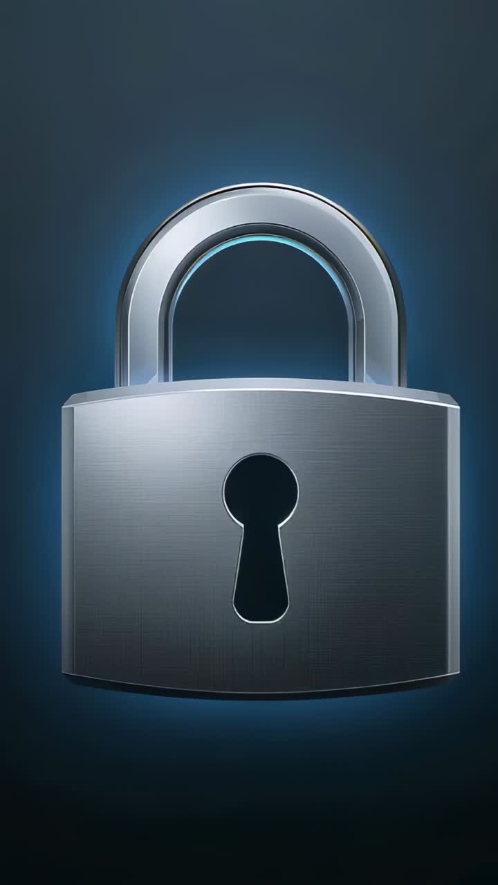Vertical video: Zooming camera on padlock, shackle and keyhole in blue vignette to reveal cyan rim