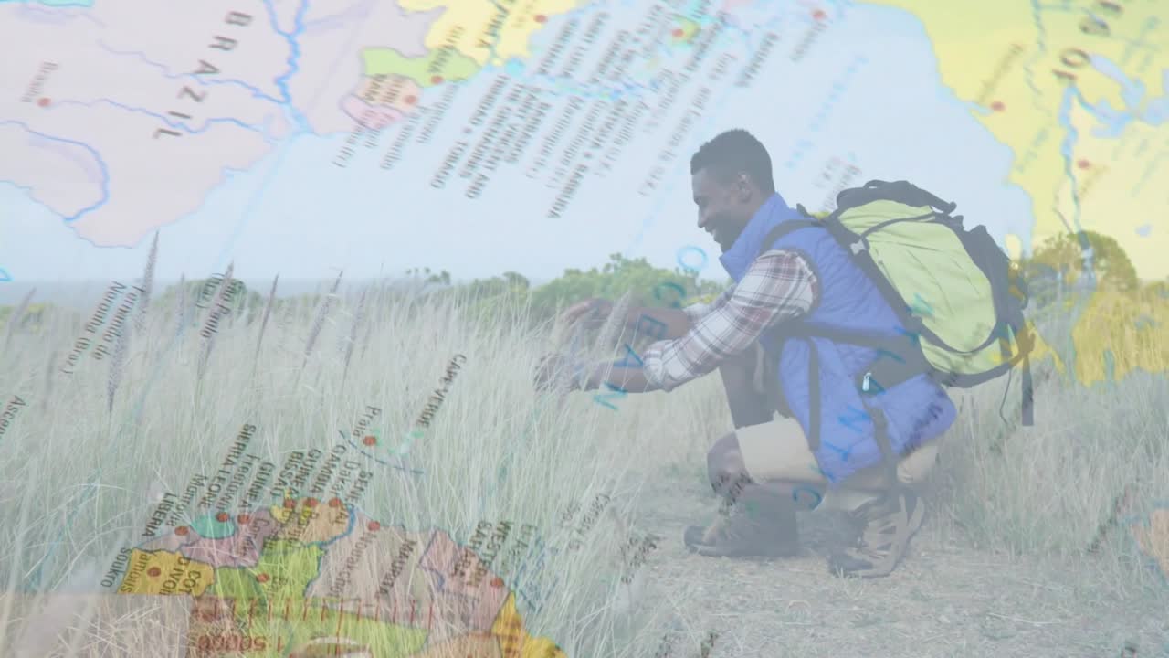 Map-compass overlay shifting guiding hiker kneeling and inspecting plants for mapping tech
