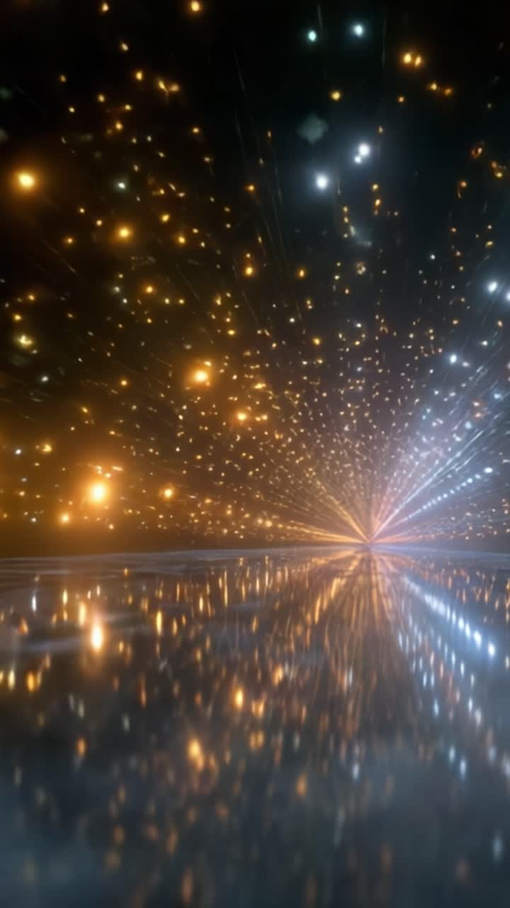 Un viaggio visivo ipnotizzante attraverso un paesaggio cosmico pieno di stelle abbaglianti e fasci di luce radiosi che si riflettono su una superficie a specchio sottostante.
