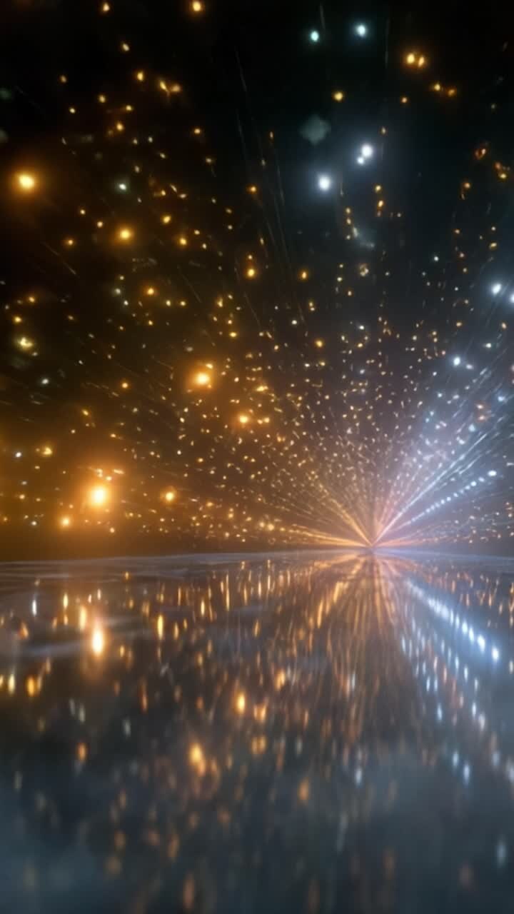 Un viaggio visivo ipnotizzante attraverso un paesaggio cosmico pieno di stelle abbaglianti e fasci di luce radiosi che si riflettono su una superficie a specchio sottostante.
