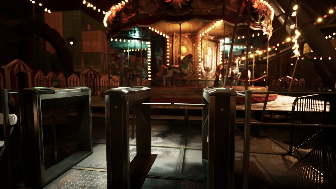 Empty amusement park at night with illuminated rides and deserted entrance