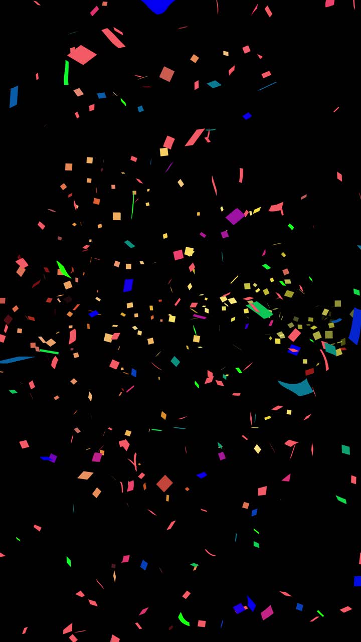 Grafica in movimento con coriandoli colorati, particelle di carta sparate, dinamite, cuore, stella, sorriso, cerchio, rettangolo