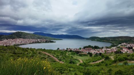 Hilltop-view-of-Lake-Orestiada-in-Kastoria-city-in-Greece,-landscape-panoramic-view