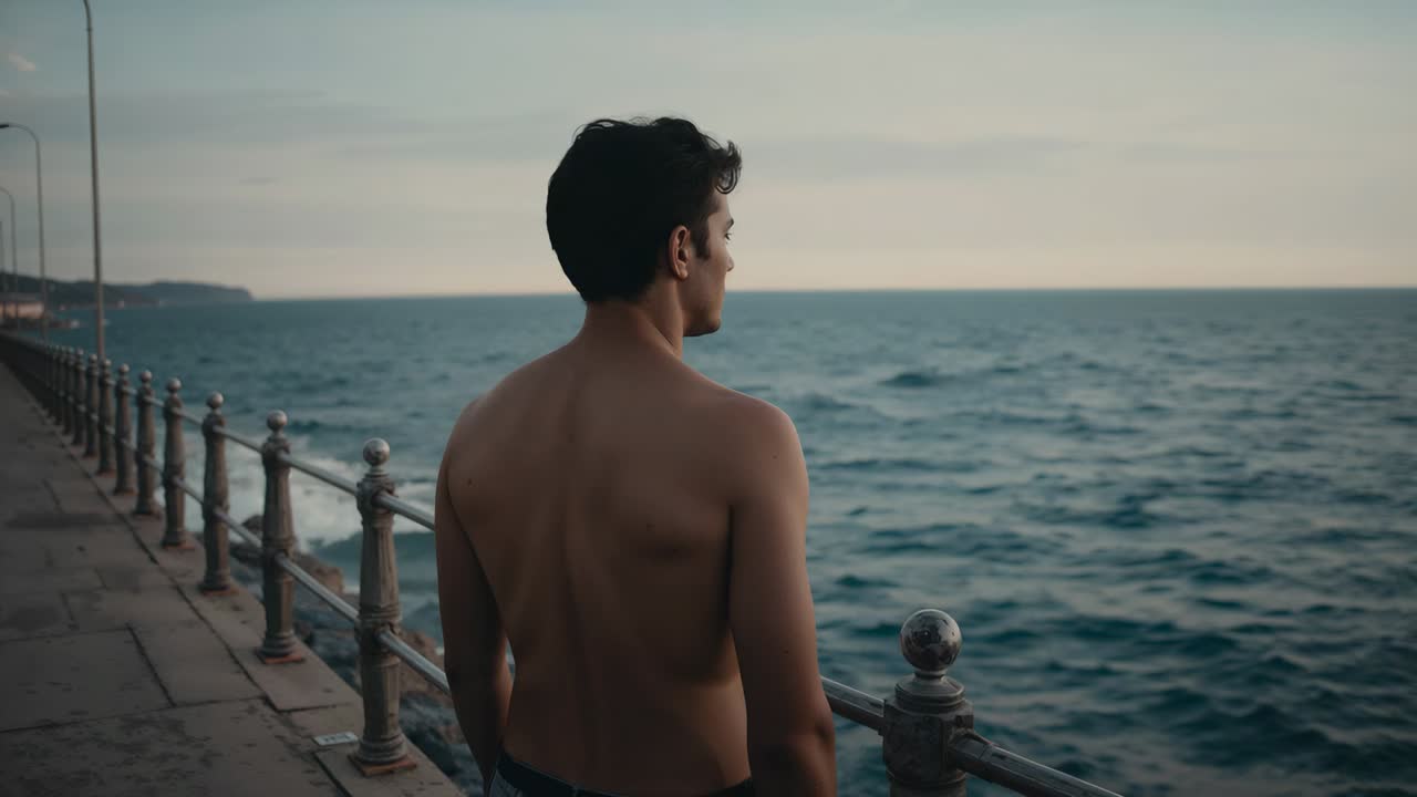 Uomo a torso nudo che si gira verso la telecamera sul lungomare dopo che un'onda ha colpito la ringhiera di metallo