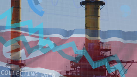 animation of blue lines financial data processing, factory over flag of north korea