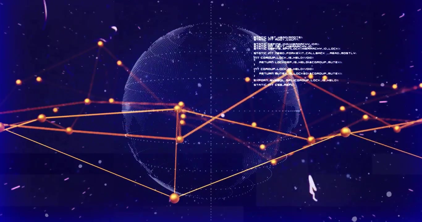 Wireframe globe rotating while incoming data feed driving orange nodes and lines forming over globe