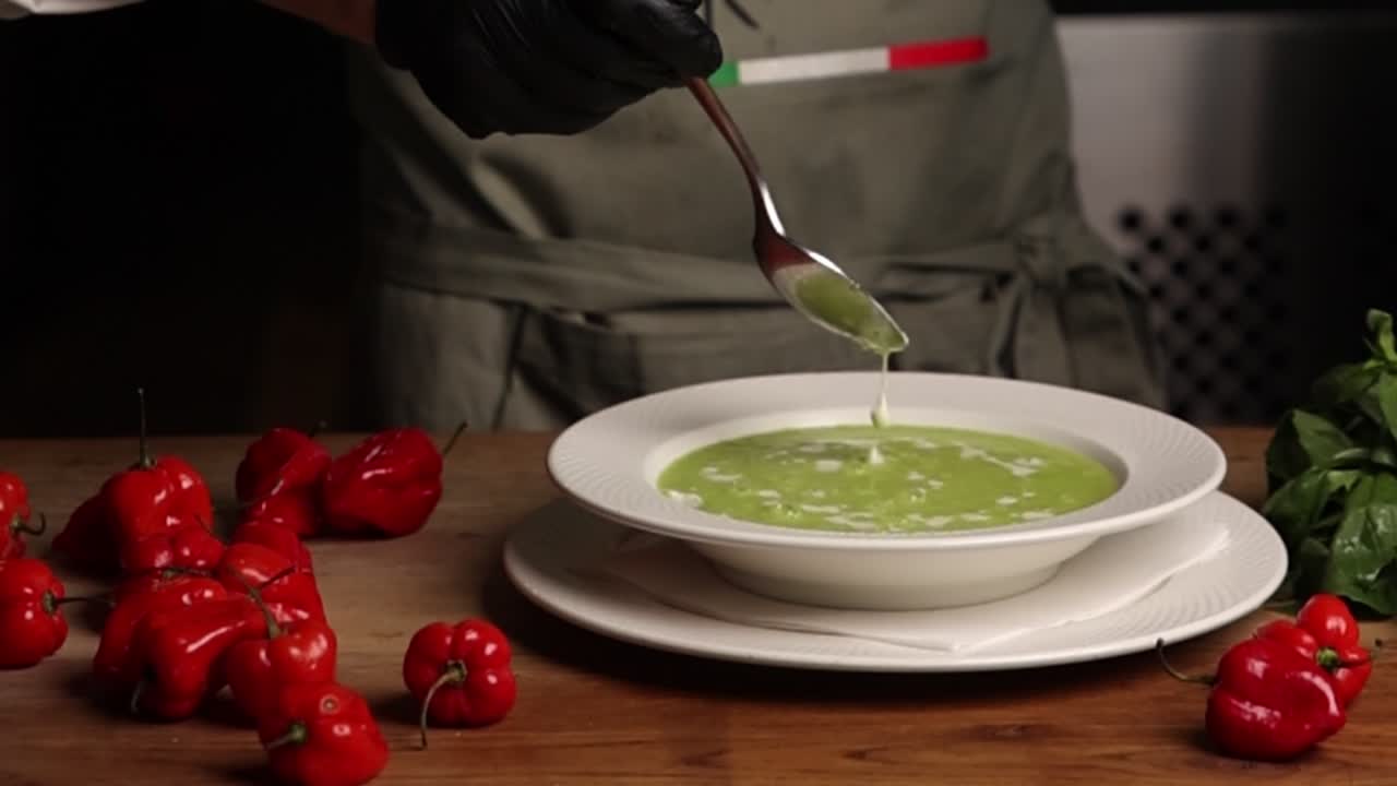 Professional Chef Drizzling Cream on Green Soup