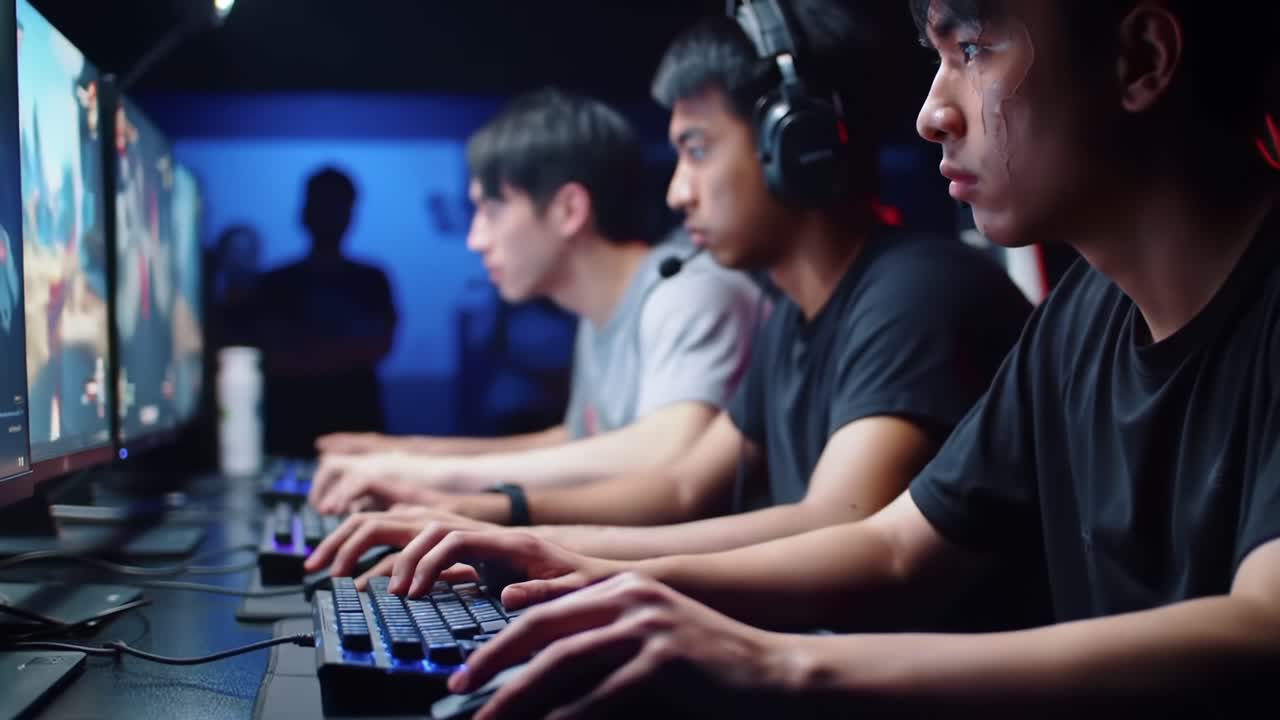 Intense Gaming Session: Focused Players Compete in an Engaging Multiplayer Environment with Headsets, Monitors, and Dynamic Visuals