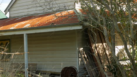 overgrown front porch of a farm house full of unwanted junk