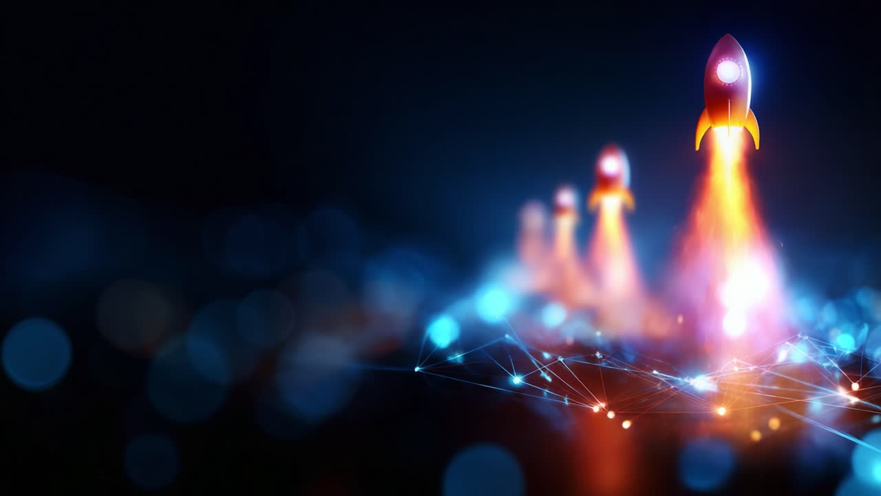 A mesmerizing display of futuristic rockets launching against a vibrant, digitally inspired background, showcasing technological advancements and the excitement of space exploration